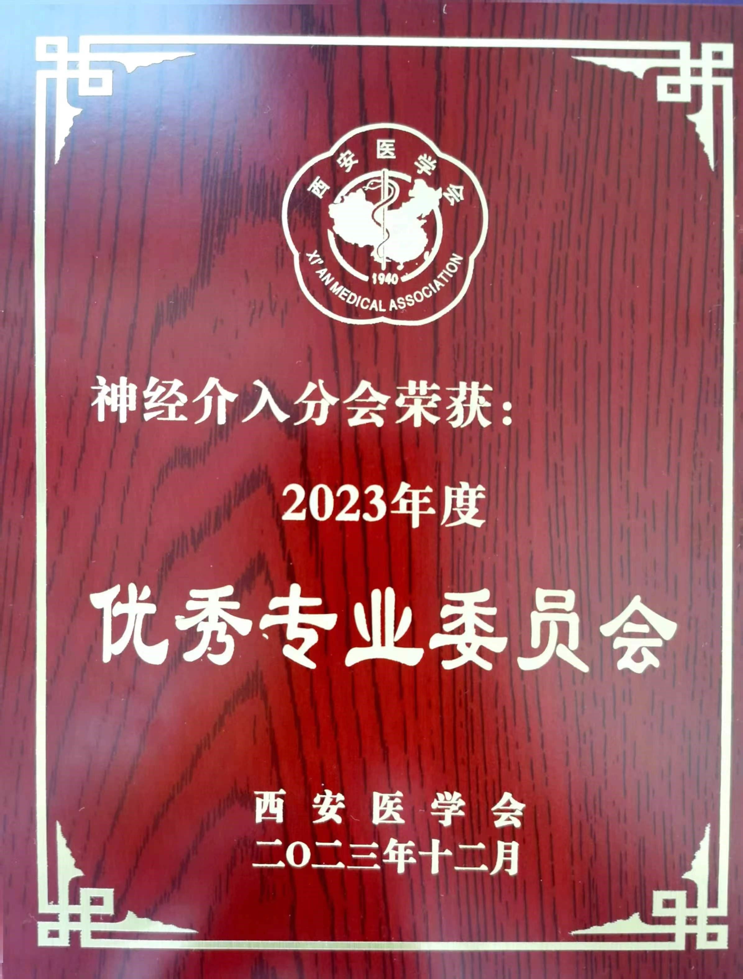 【神介荣誉】市九院神经介入分会荣获2023年度西安医学会“优秀专业委员会”，脑血管病院刘展会主任委员荣获年度“先进个人”