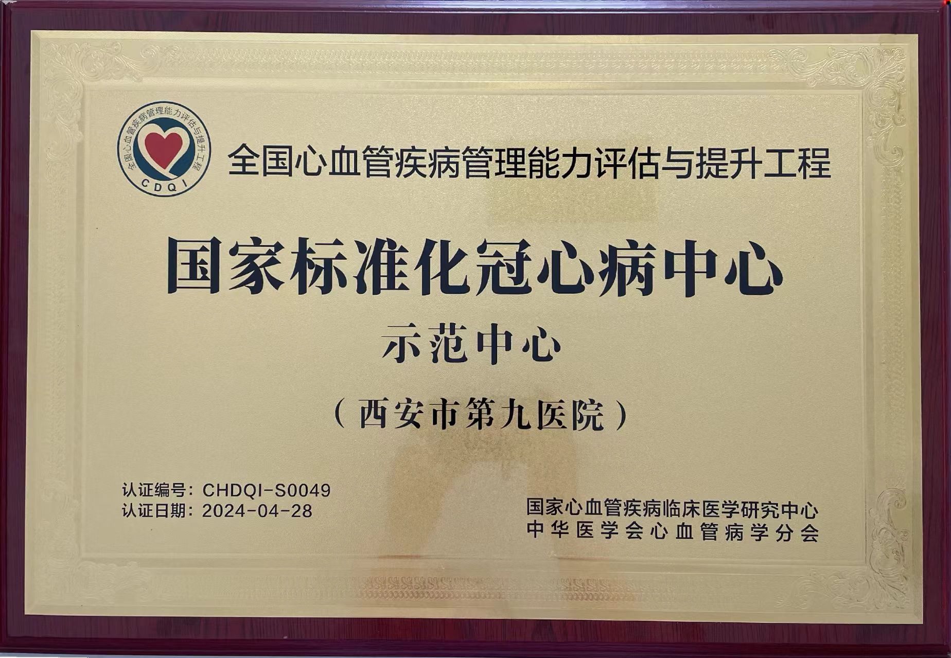 喜讯西安市第九医院心血管病院获得三大国家级标准化中心,树立行业新标杆 喜讯西安市第九医院心血管病院获得三大国家级标准化中心,树立行业新标杆