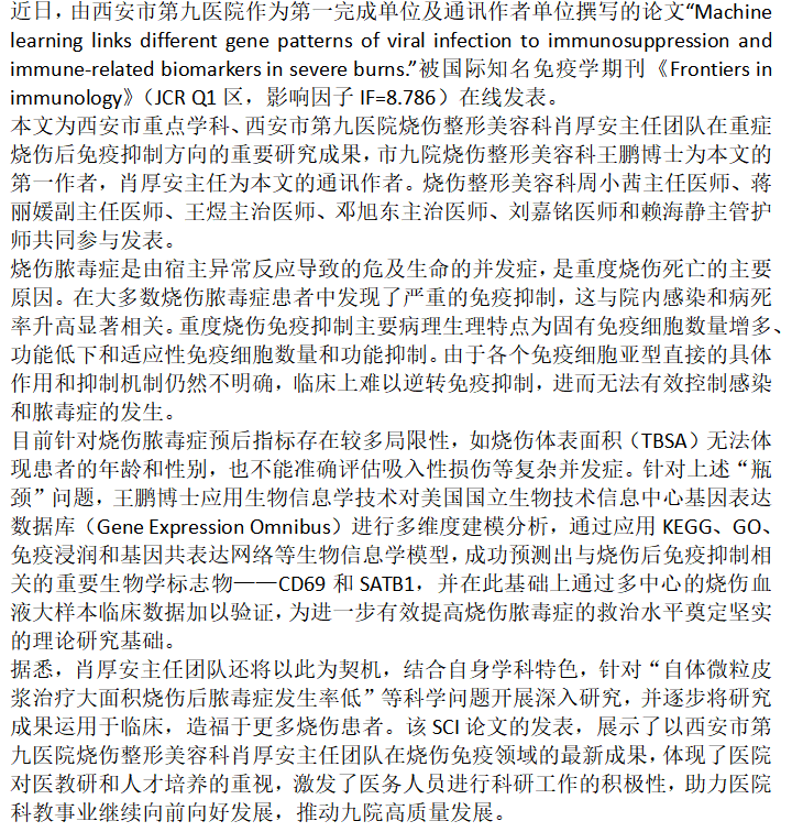 市九院王鹏博士发表高影响因子SCI论文