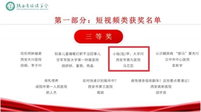 西安市第九医院马芯蕊荣获第二届“健康陕西?科普能力提升在行动”健康科普作品征集大赛三等奖 西安市第九医院马芯蕊荣获第二届“健康陕西?科普能力提升在行动”健康科普作品征集大赛三等奖